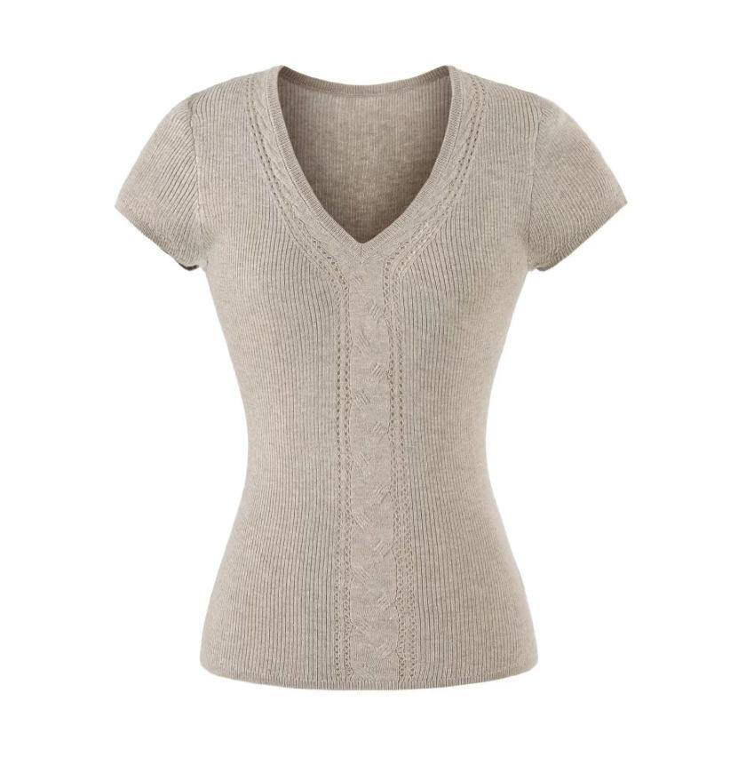 Twisted hollow short-sleeved T-shirt women's summer new American Spice Girl solid color V-neck slim-fitting knitted bottoming top