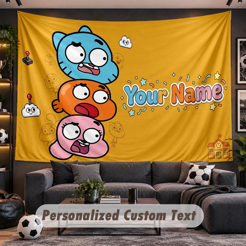 Arazzo da Parete Nome Personalizzato Fantastico Mondo di Gumball Stampa Personalizzata su Tessuto Decorazione Murale