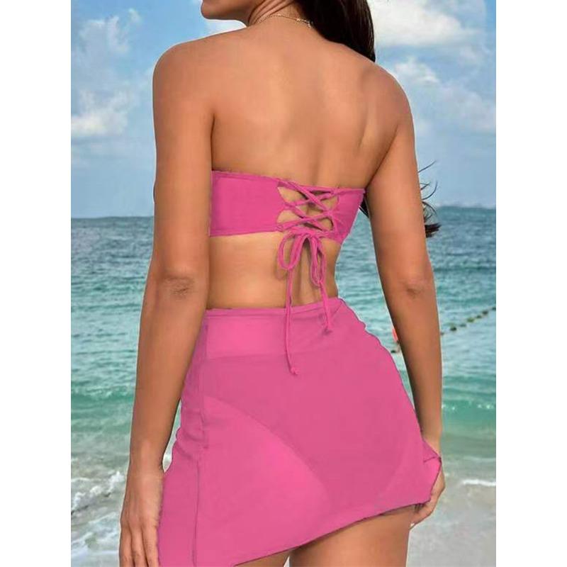 New European and American Swimsuit, Three-piece Set of Solid Color Metal Buckle Women's Split Bikini Swimsuit