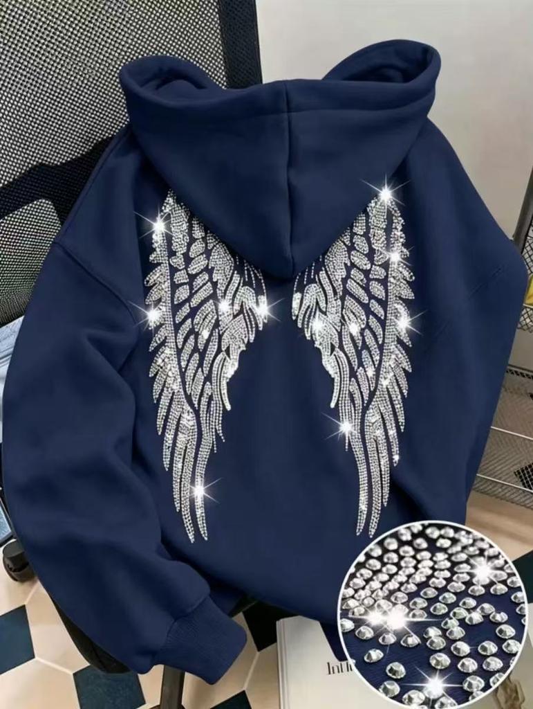 Hanorac cu glugă și mânecă lungă pentru femei, croială regulată, hoodie casual, pulover cu imprimeu aripi cu strasuri, poliester, îmbrăcăminte exterioară fashion