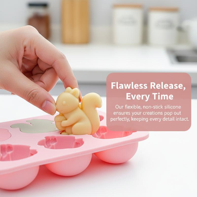 6 Hole Squirrel Oak Cake Silicone Mold Autumn Harvest Festival Baking Pan Nonstick Flexible Mould for Home and Baking Parties