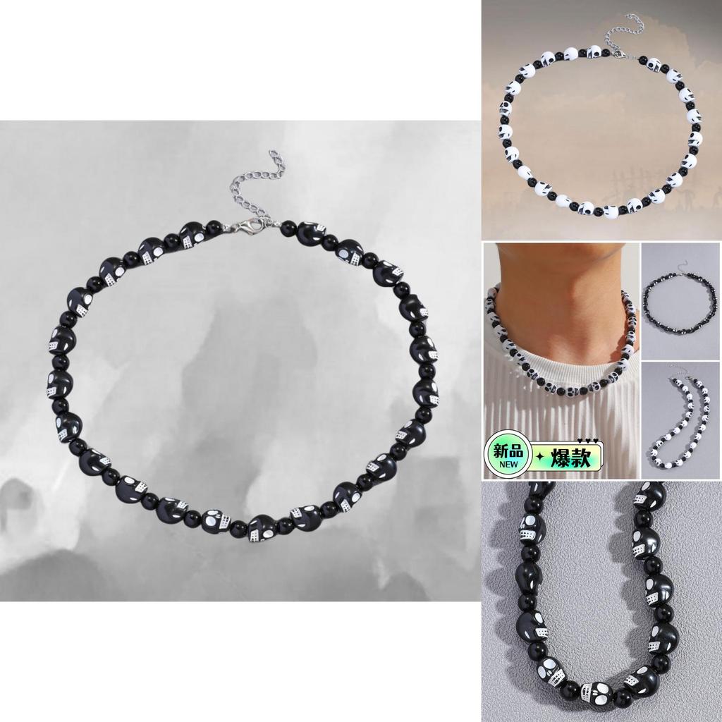 Trendige Schwarz-Weiß-Totenkopf-Halskette Perfekt für Halloween