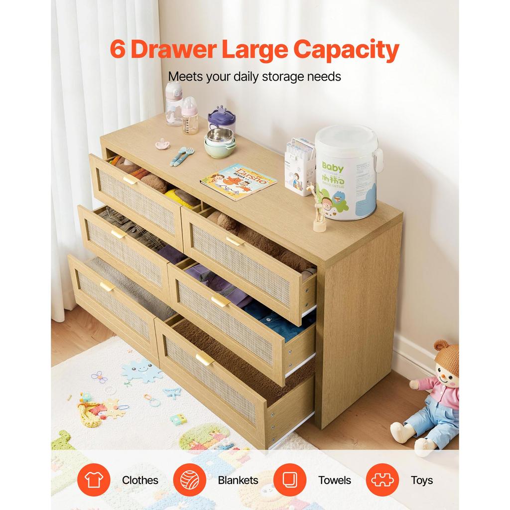 SucceBuy Rattan Dresser for Bedroom Natural Rattan Chest of Drawer with Metal Handle Modern Wood Clothing Organizer & Storage