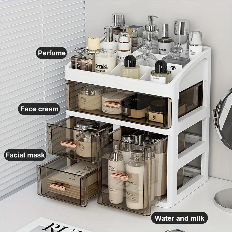 A cosmetic storage box with drawers, a large capacity dust-proof skincare display rack, and countertop organizer