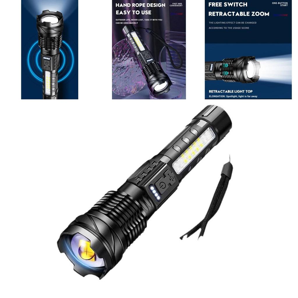 Strong Led Rechargeable Flashlight With Cob Work Light For Camping And Emergency Use