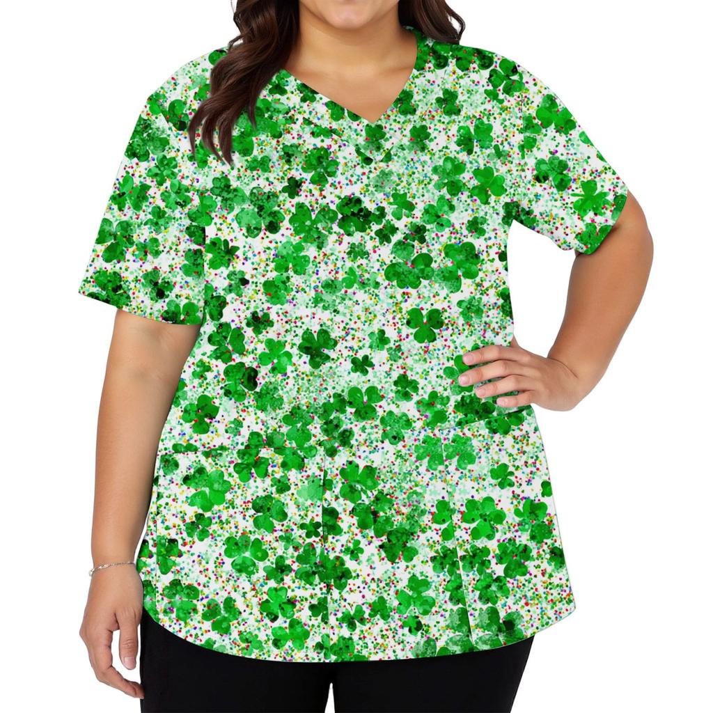 Women's Fashion V-neck Short Sleeve Workwear With Pockets Printed Tops