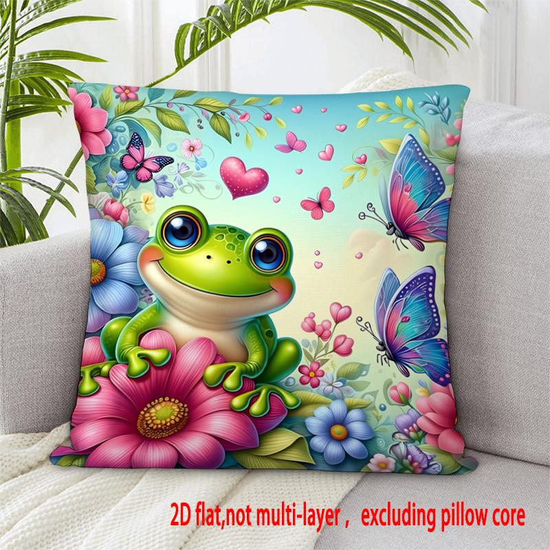 pc D Flat (Pillow Not Included) Cute Frog Flowers Butterflies Cushion Cover Short Plush Cartoon Kids Room Pillow Case Decor