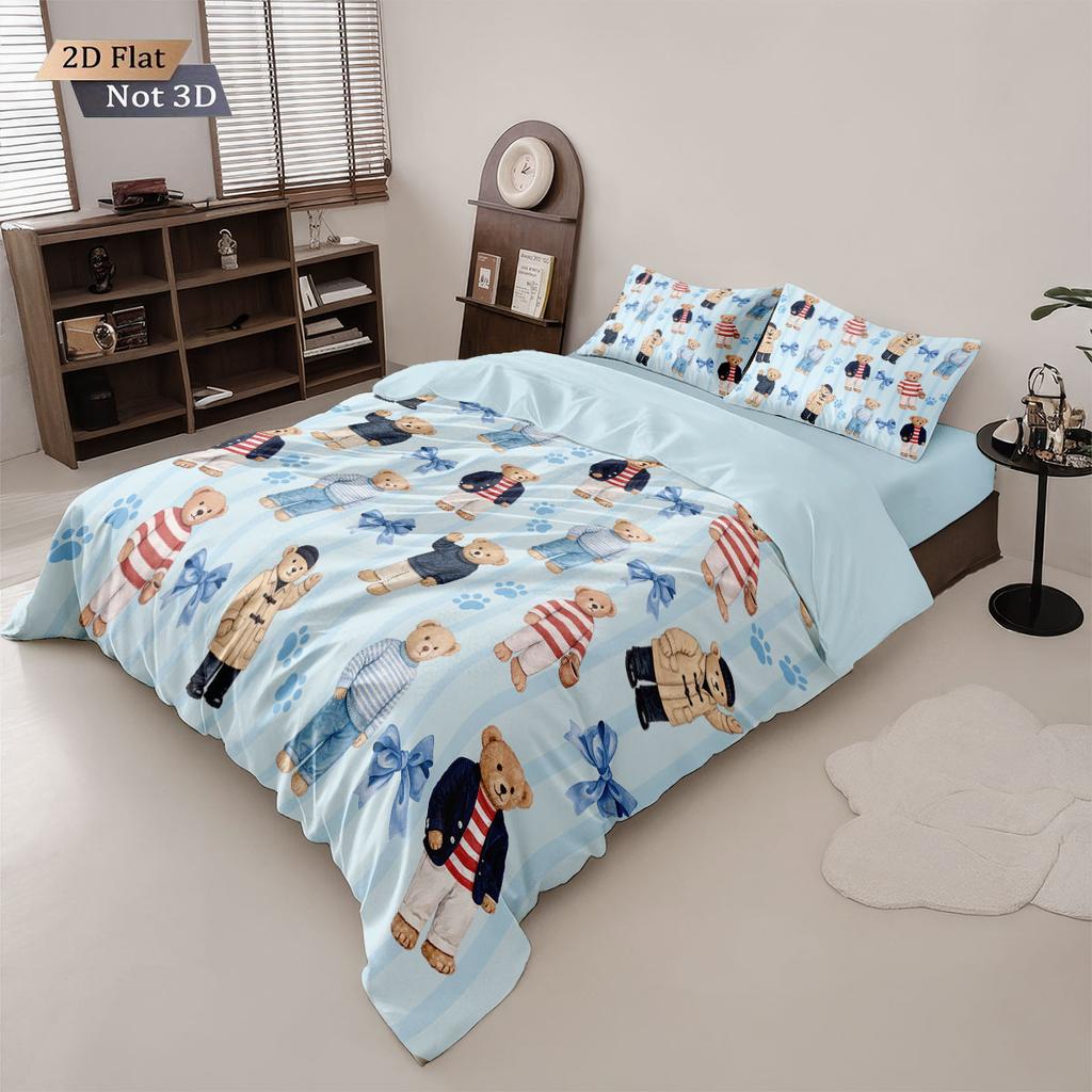 3pcs Cute Doll Bear Printed Quilt Set Multi Size Bedroom Dormitory Bed Holiday Decoration Machine Washable