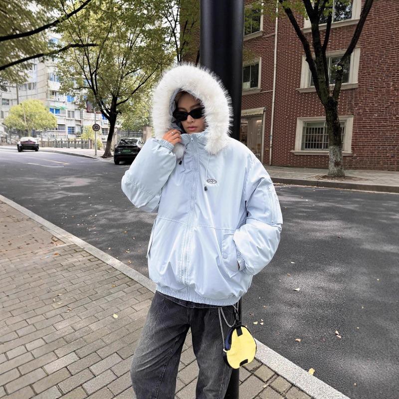 Autumn and Winter New Letter Embroidered Zipper Warm Thickened Large Fur Collar Jacket Cotton Jacket