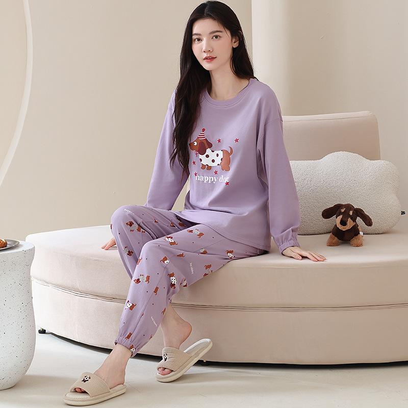Ensemble de Pyjama pour Femme 100% Coton – Respirant, Absorbant la Sueur, Manches Longues Col Rond pour Porter à l'Intérieur et à l'Extérieur (Automne hiver)