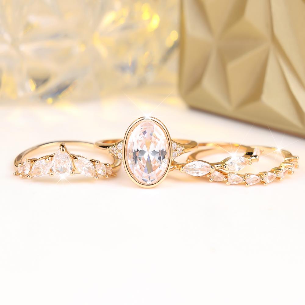 Exquisite Four Pieces Oval Zircon Ring Set for Women Fashion Jewelry Gift