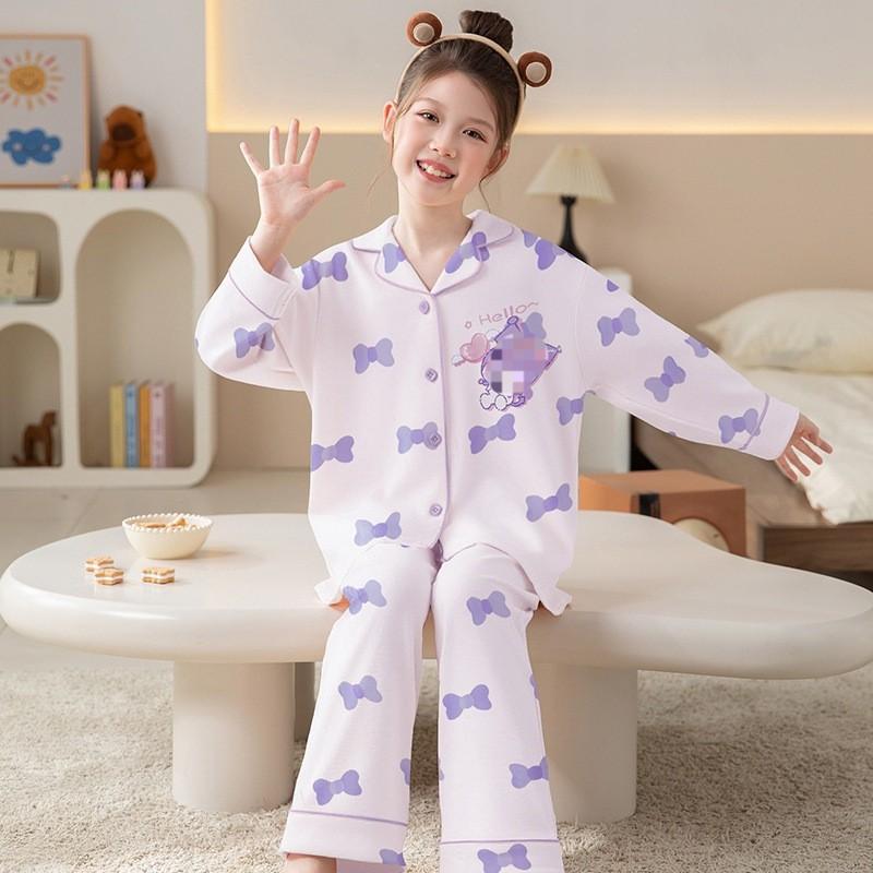 Girls Cotton Pajama Set With Collar Long Sleeve Cartoon Print Fall Kids Sleepwear Comfortable Home Outfit