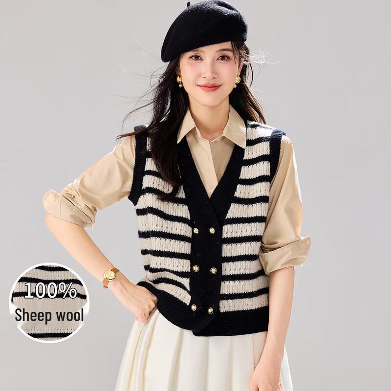 Jinju Women's 100% Merino Wool Striped V-Neck Sweater Vest