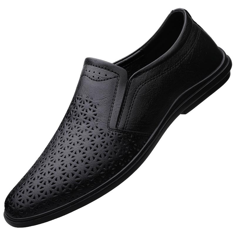 Fashion Men Business Office Leather Loafers Shoes Soft Sole Round Toe Hollow Out Casual Shoes Non-slip Comfortable Classic Leather Shoes