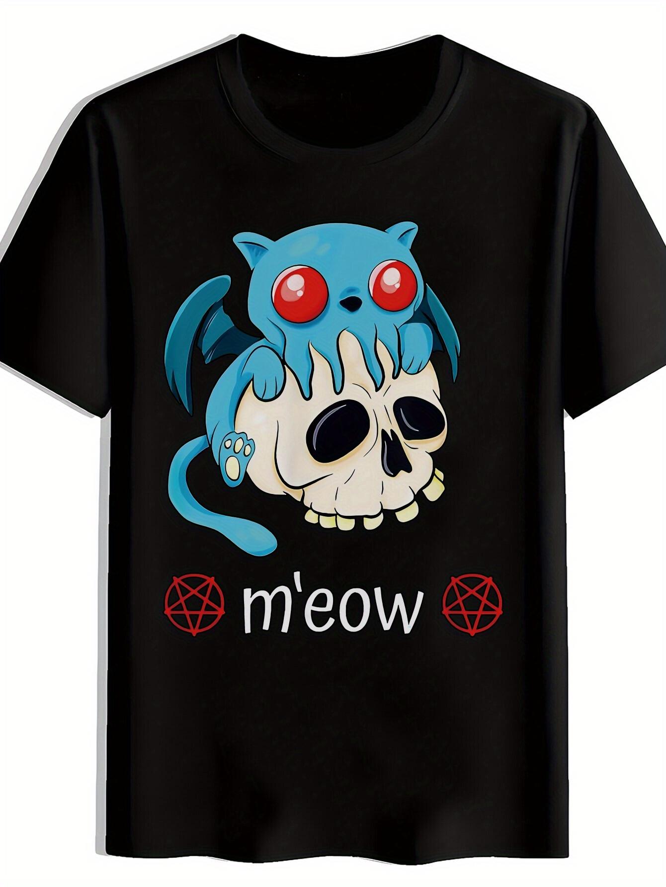 Heavy Metal Graphic T-shirt - Gothic Skull & Meow Design - Black Band Tee for Concerts XXXXL
