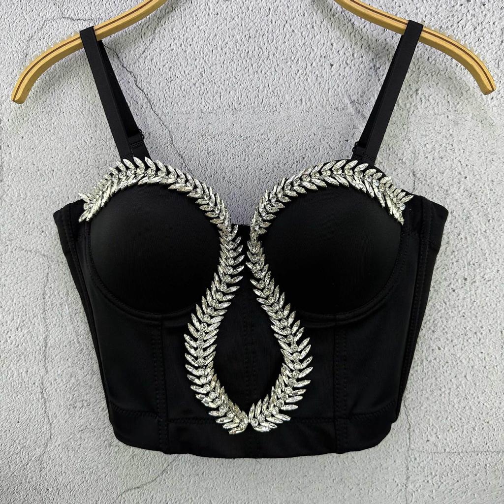 Leaf-shaped Rhinestone Chain Short-sleeved Tank Top with A Sophisticated and Elegant Vibe Perfect for Street Style Fashion. Camis & Tank Tops