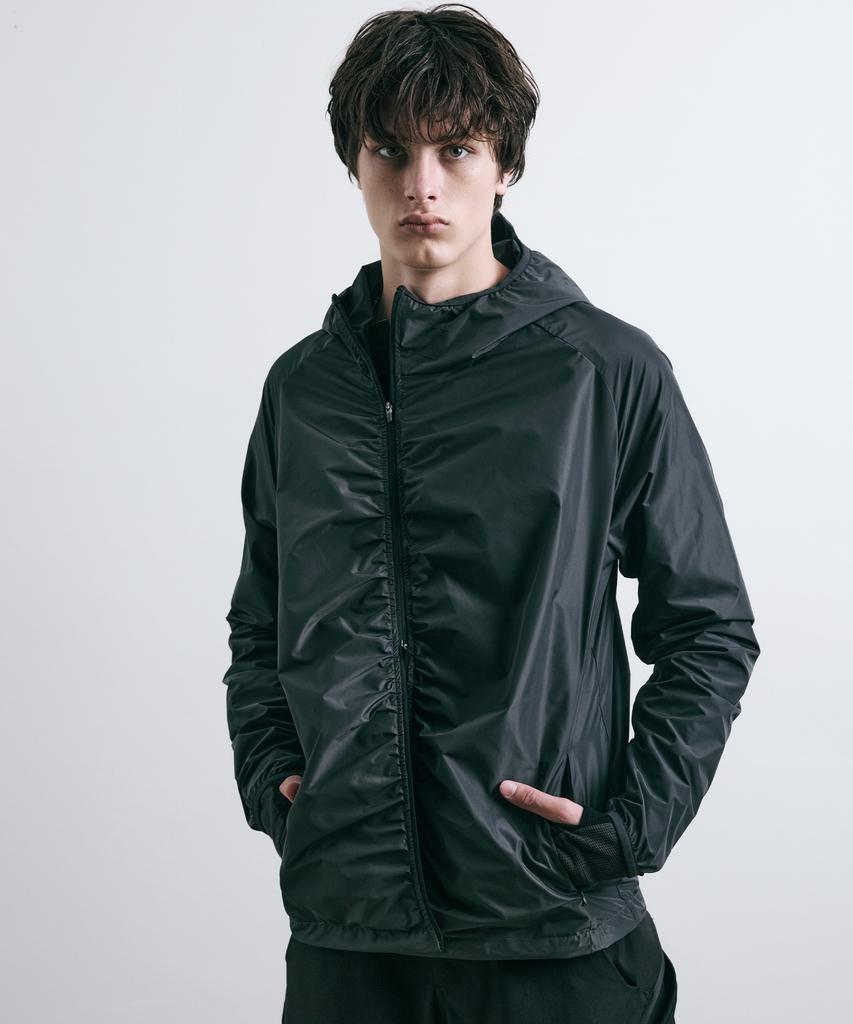 LEARVE Nylon Shirred Hooded Zip-Up Jacket Black