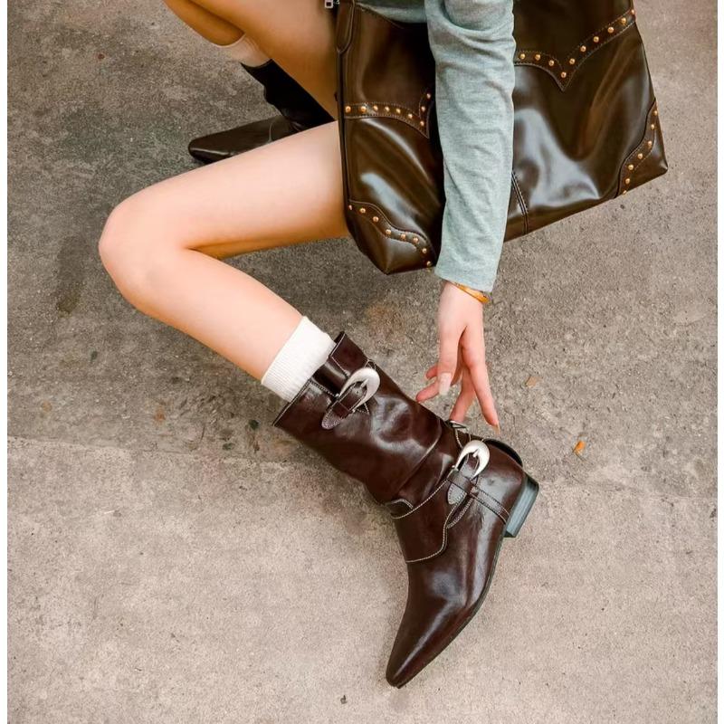 New Style Luxury Pleated Buckle Knight Boots for Women Autumn Brown Leather Mid Calf Boots Woman Slip-On Thick Heel Riding Boots