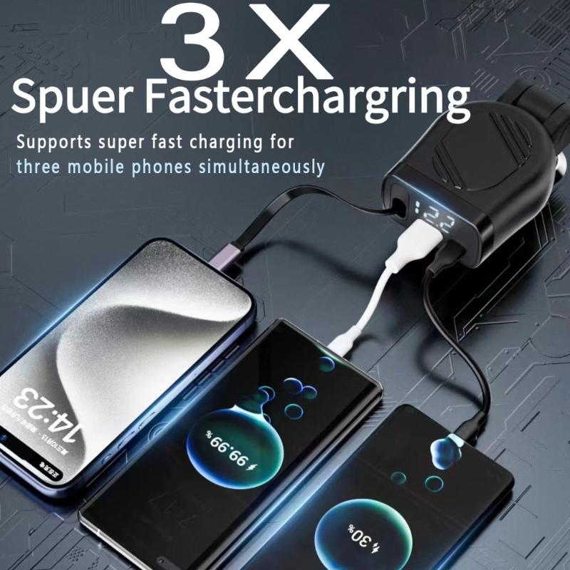 120W Retractable Car Charger 4 in 1 Fast Car Phone Charger with Cord USB C Car Adapter for Phone Tablet Laptop Devices