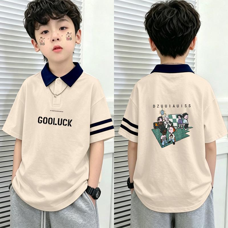Boys' Cotton Color Block Polo Shirt - 2026 Summer Patchwork Lapel T-shirt for Medium & Large Children