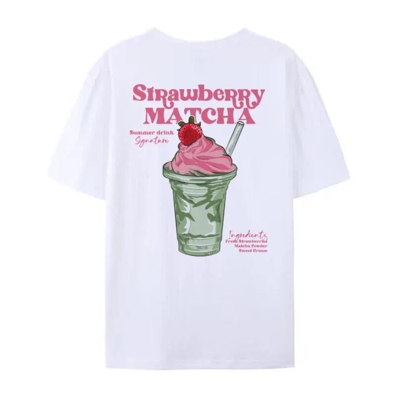 Cute Y2k Aesthetic Matcha Lover Tops Back Print Strawberry Matcha T Shirt Loose Streetwear Graphic Tees Unisex Fashion Clothing