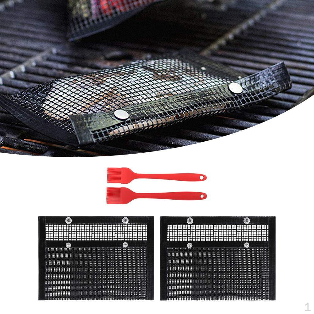 2pcs PTFE Coated BBQ Mesh Grill Bag with Silicone Brush Barbecue Outdoor Picnic Tools