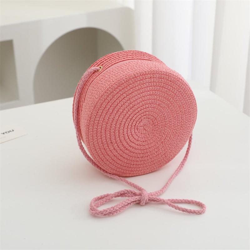 Summer Solid Color Straw Bag Shoulder Messenger Round Bag Children Versatile Outing Beach Bag Light Board DIY Round Weaving