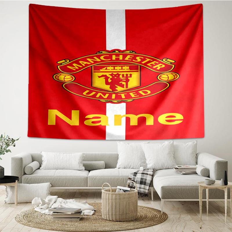 Custom Name Manchester United Print Tapestry, Backdrop, Easy Setup, Ideal for Bedroom, Office & Living Room, with Aesthetic Wall Hanging Decor.