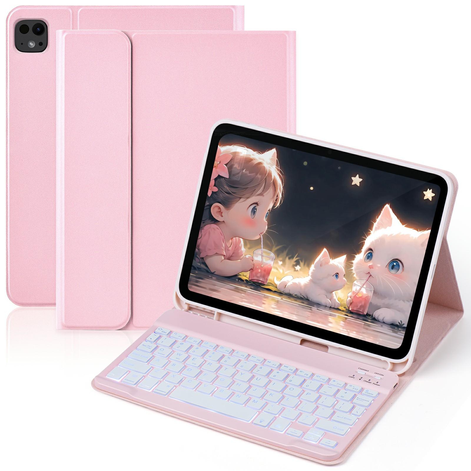 

SK-1109A For iPad Pro 11 (2024) Tablet Case Leather Cover with BT Keyboard Pink