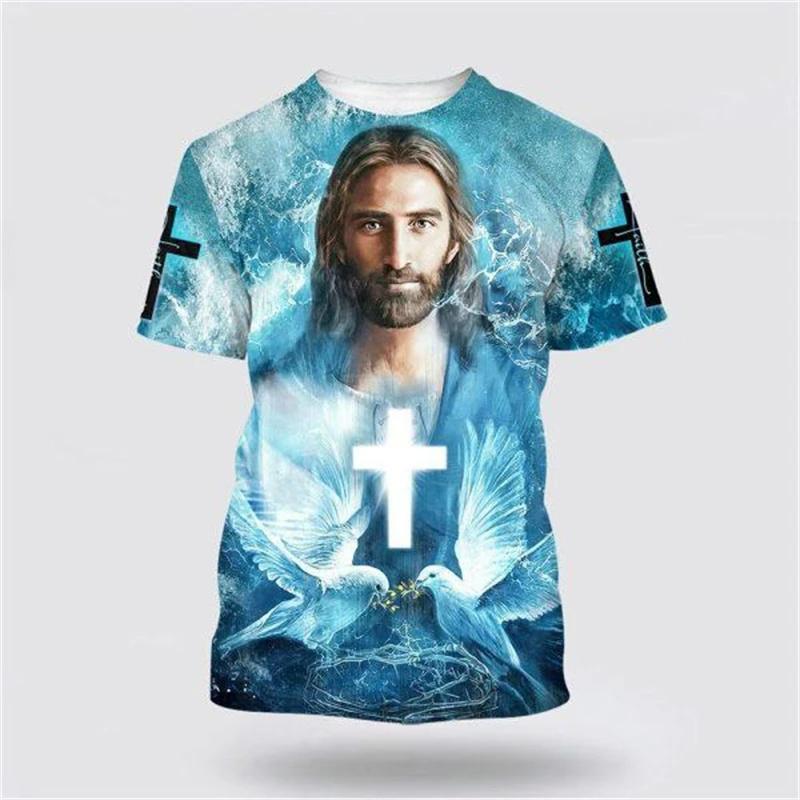 God Religion 3D Printed T-Shirt for Men Christ Jesus Pattern Street Short Sleeve Loose Oversized Tops Tees Daily Casual T Shirts
