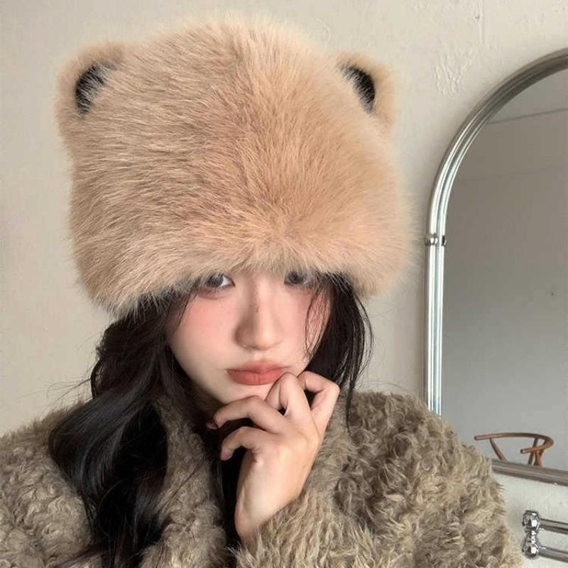 Women S Cute Bear Ear Plush Hat Winter Warm Ear Protection Hat
