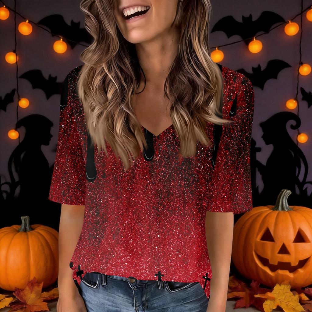 Women's Casual V-Neck Short Sleeve Blouse with Halloween Print