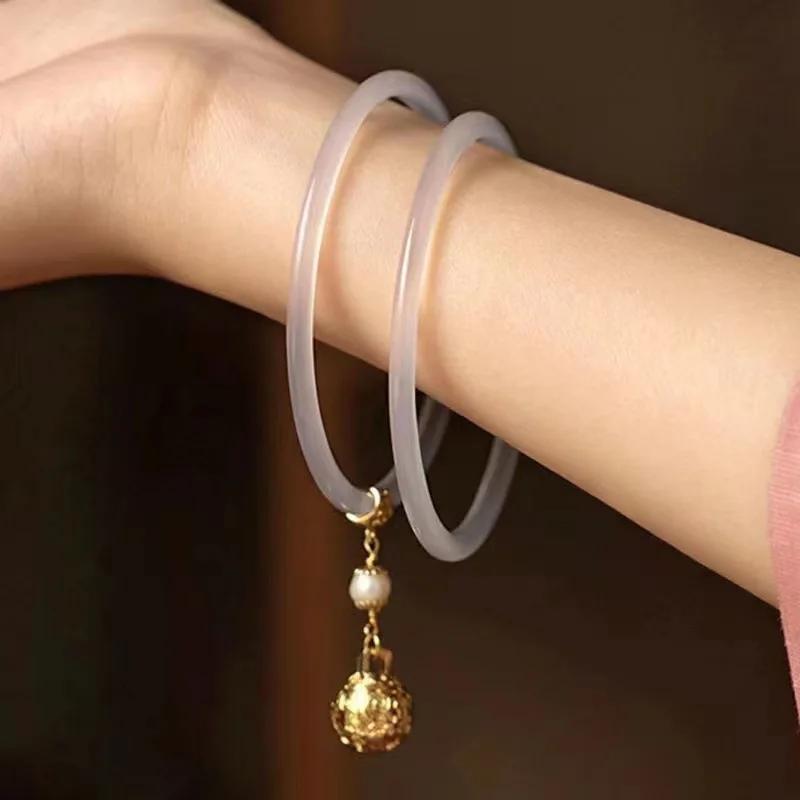 

2Pcs/Set Imitate Natural Jade Jingle Bangles Retro Fairy Bell Glass Bracelet Femme Fashion Women s Casual China Jewelry Gifts 58-62mm рожевий