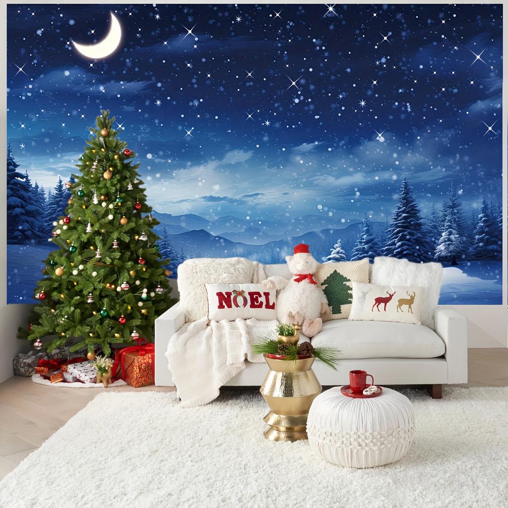 Christmas Starry Sky Moon Pine Forest Backdrop Xmas Decoration Background Winter Backdrop Decorations For Photo Studio Photo Booth Christams Party