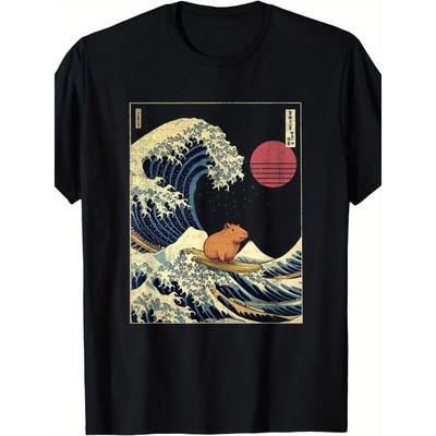 Men'S Funny Surfing Capybara & Japanese Kanagawa Great Wave Off Kanagawa Anime Graphic T-Shirt - Hokusai Wave Design with Capybara Surfing - Loose