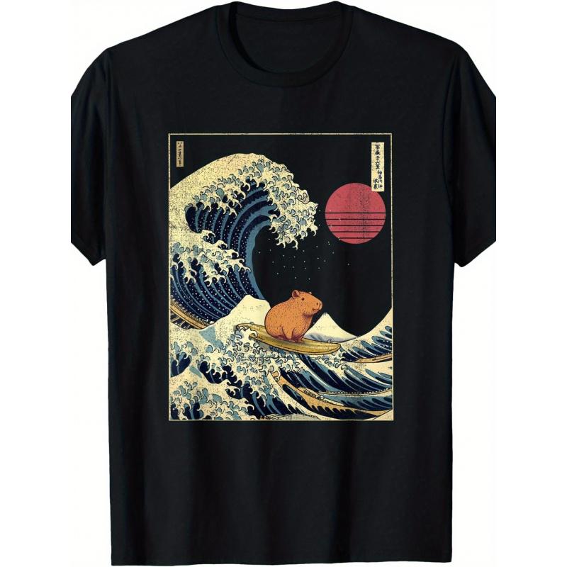 Men'S Funny Surfing Capybara & Japanese Kanagawa Great Wave off Kanagawa Anime Graphic T-Shirt - Hokusai Wave Design with Capybara Surfing - Loose