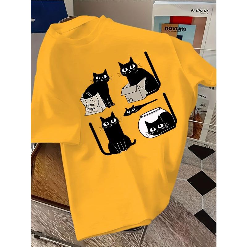 European sizes The T-shirt Features a Cute and Fashionable Design with Five Black Cats Sitting on a Shopping Bag, Cardboard Box