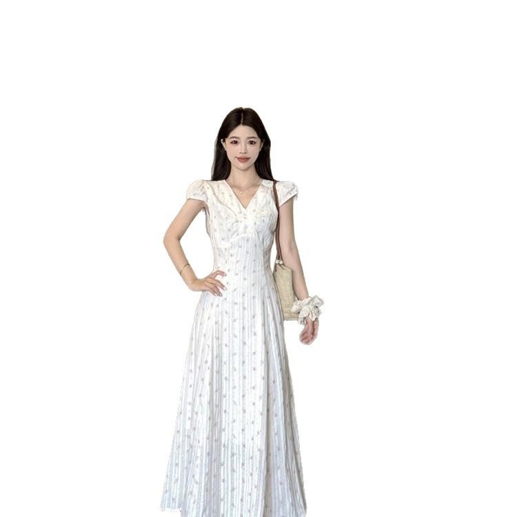 Summer academy style V-neck loose medium and long floral dress female Korean version student temperament vacation knee dress