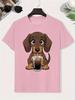 Unisex Yellow Tee Dachshund Dog Drinking Coffee Graphic Print Short Sleeve Loose Casual Top For Adult Male Daily Street Wear Out
