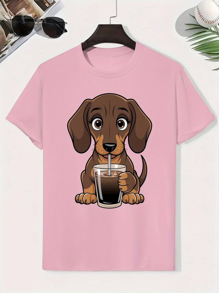 Unisex Yellow Tee Dachshund Dog Drinking Coffee Graphic Print Short Sleeve Loose Casual Top For Adult Male Daily Street Wear Out