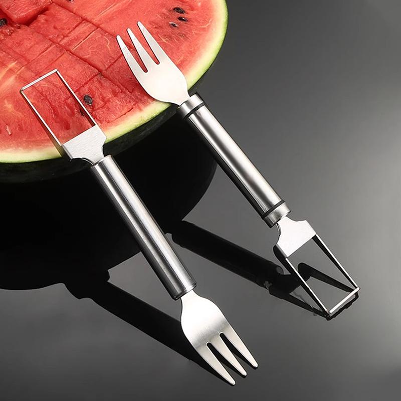 2-In-1 Stainless Steel Fruit Cutters Dual Head Watermelon Fork Cutter Slicer Tool For Home Kitchen Gadget Melon Cube Cutter