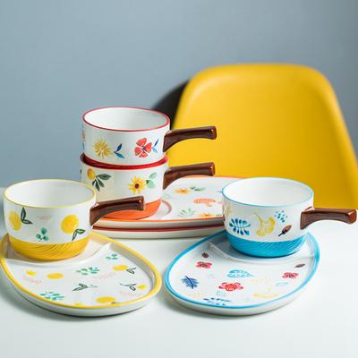 1 Set Floral Bowl Dish Ceramic Breakfast Plate Oatmeal Bowl for Kids Dessert Plate Milk Container with Handle