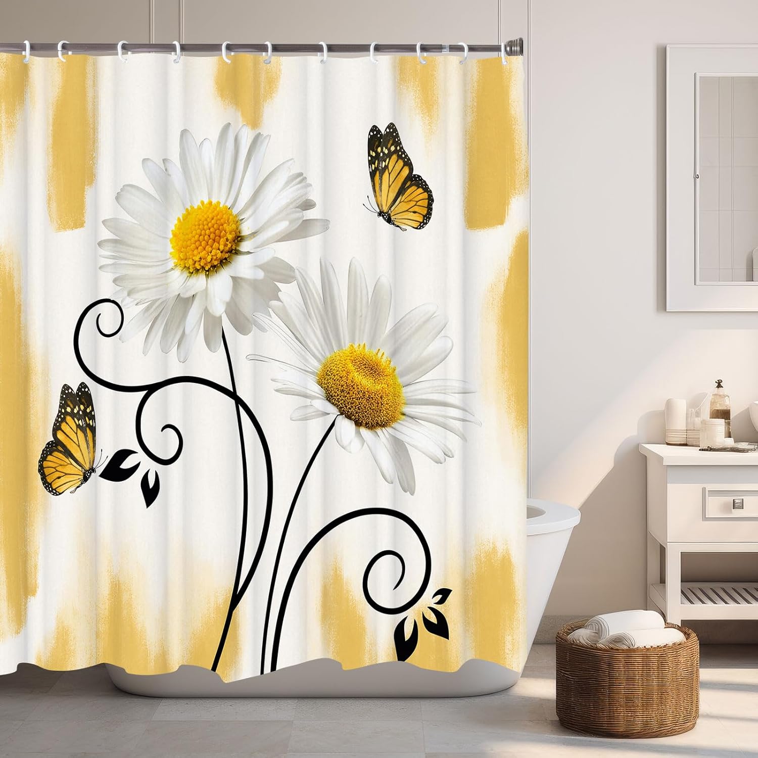 

Daisy Yellow Wildflower Floral Shower Curtain,Farmhouse Abstract Botanical Bathroom Decor With Fabric For Nature Theme W60H190(CM)-1 Pcs