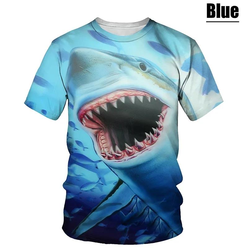 Hot New Men's T-Shirt with Large White Shark Print, Vintage Summer Casual Fashion, Crew Neck Short Sleeve Top