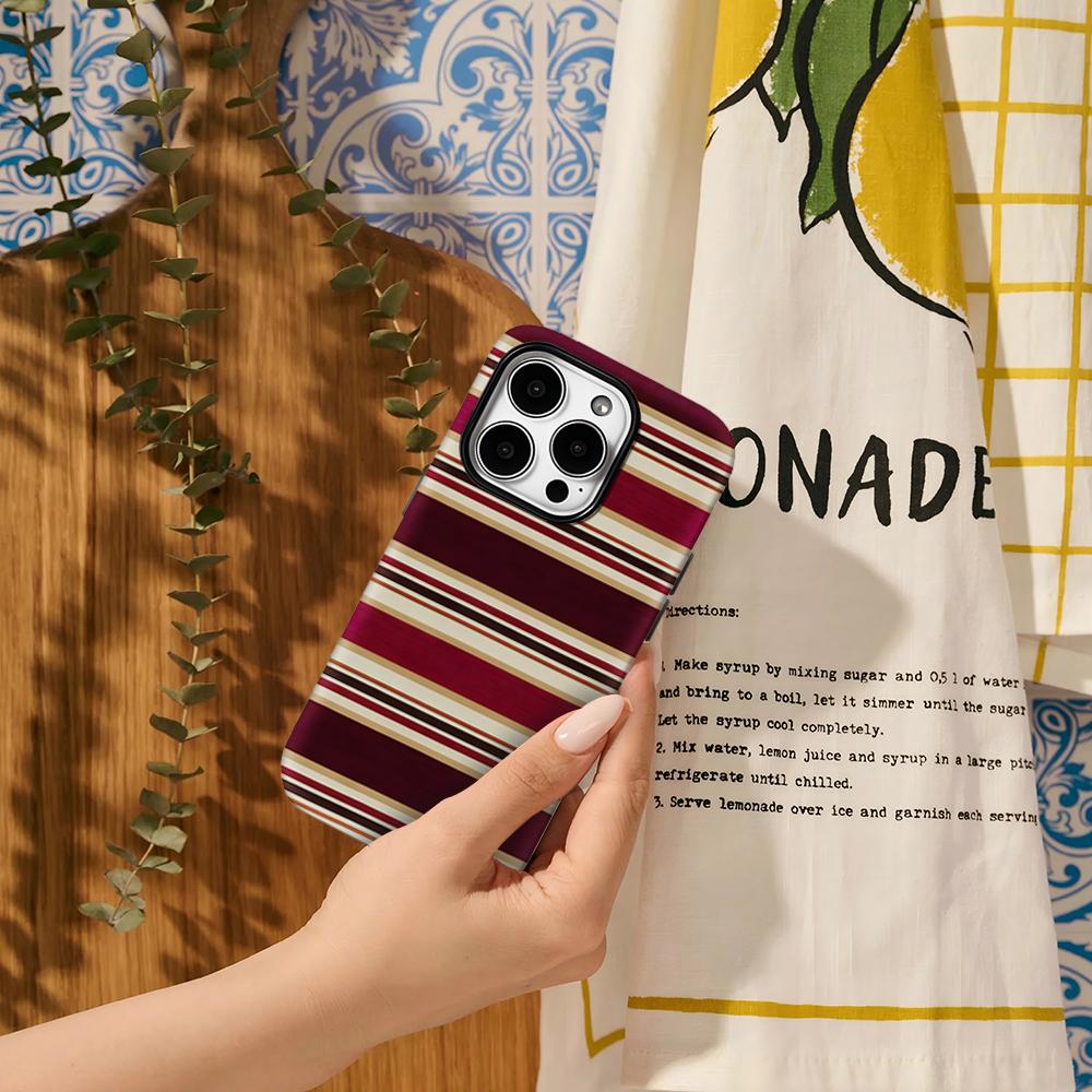 Burgundy Stripe Elegance Phone Case for IPhone 16 15 14 13 12 11 X XS XR XSMAX 7 8 Pro Max Plus Double-layer Back Cover