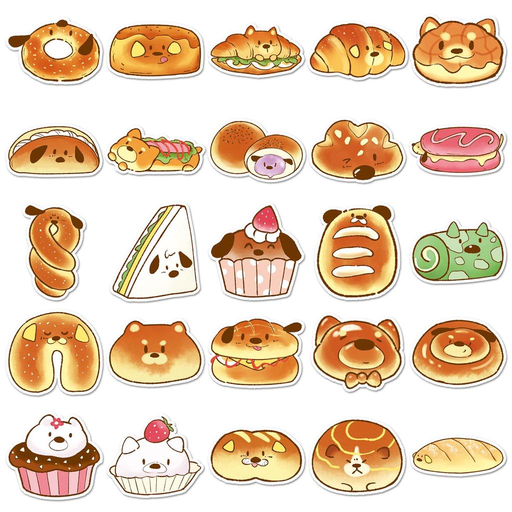 50 Hand-drawn Bread Dog Graffiti Stickers: Cute Cartoon Dessert Designs for Water Bottles, Phones, and Journals.