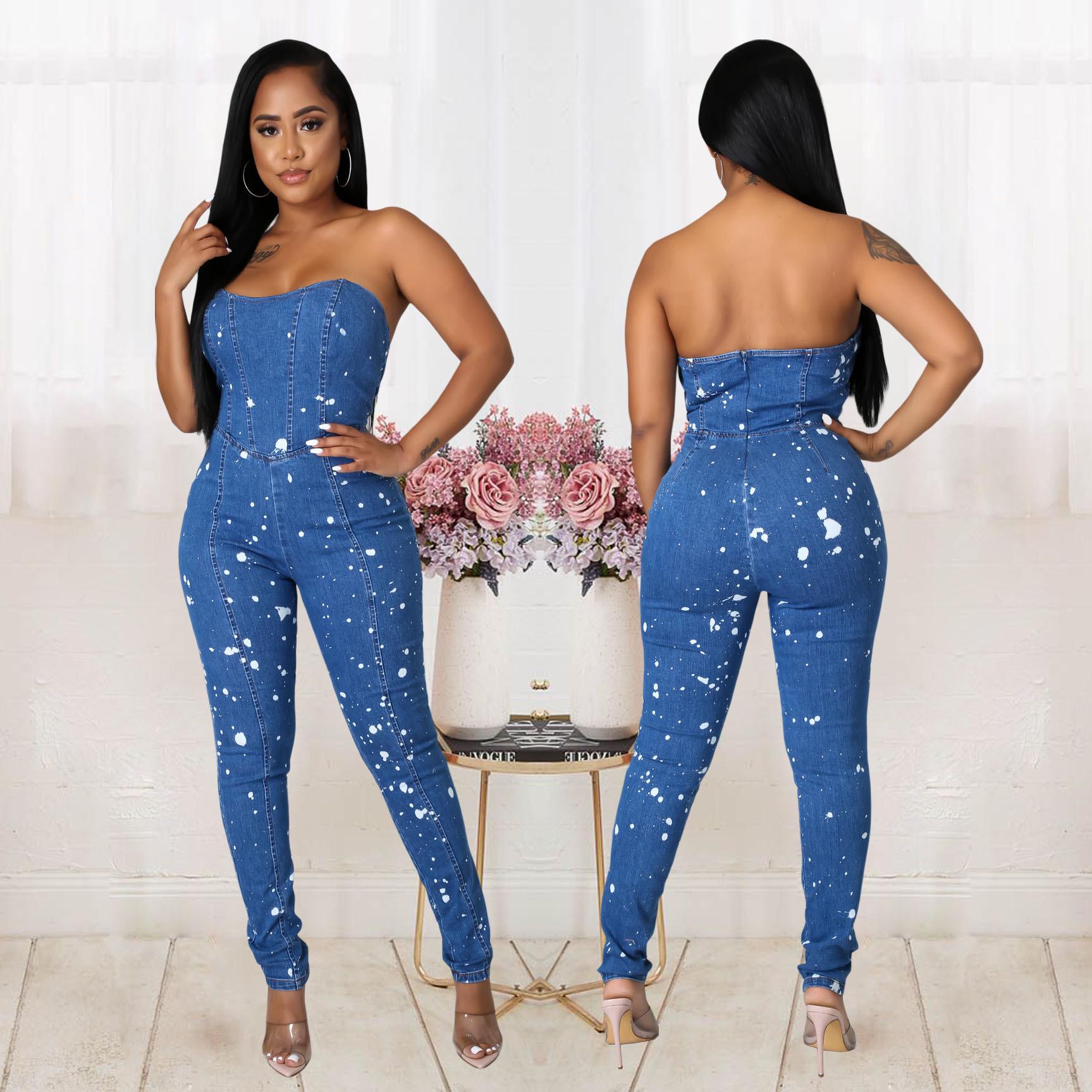 

European American Style Casual Strapless Women s Slimming Denim Jumpsuit Extra Large джинсовий синього кольору