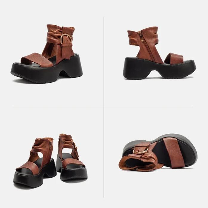 Johnature Thick Soled Sandals Genuine Leather Side Zipper Height Increasing Women's Platform Shoes