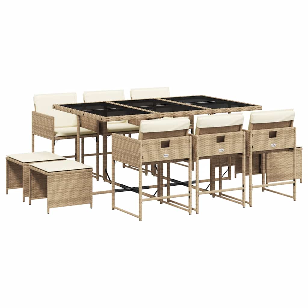 Vidaxl 11-Cz. Garden Furniture Set With Cushions, Beige, Poly Rattan