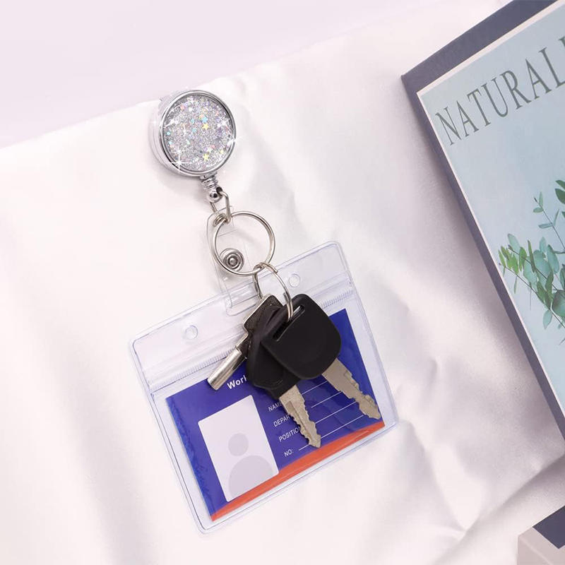 Glitter Epoxy Resin Rotating Retractable Keychain Badge Reel with Sequins Cute Creative Office ID Card Holder Strap